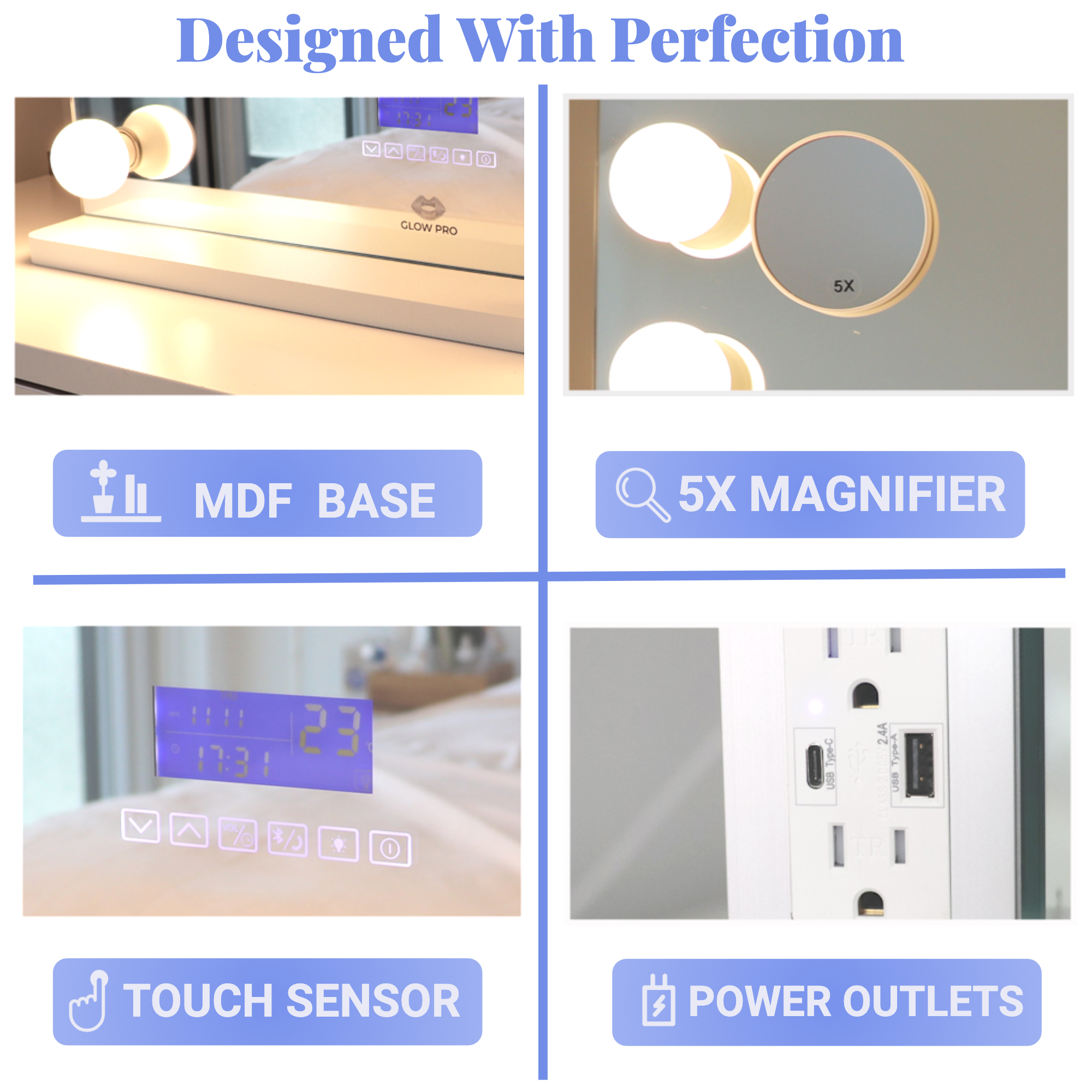 Mega G-Series LED Vanity Mirror with Bluetooth Speaker and Power Outlet